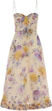 Zimmermann Floral Organza Midi Dress with Sweetheart Neckline and Ruffled Hem