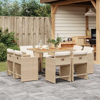 vidaXL Set Comedor De Jard&iacute;n 9 Pzas Con Cojines Rat&aacute;n Sint&eacute;tico Beige Vidaxl