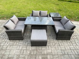 Fimous 7 Seater Rattan Wicker Garden Furniture Patio Conservatory Sofa Set with Height Adjustable Rising Lifting Table Footstool in Dark Grey