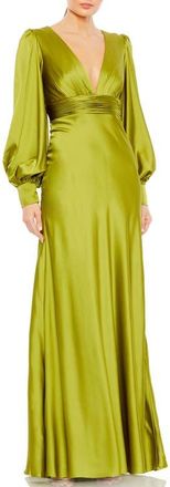 Mac Duggal Charmeuse Bishop Sleeve V-Neck Gown in Apple Green at Nordstrom, Size 12