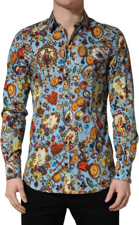 Dolce & Gabbana Mens Blue Cotton Jewel Print Button Down Gold Shirt