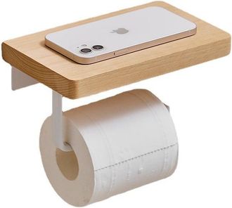 OEM Soporte Adhesivo Para Rollo De Papel Higi&eacute;nico, No Requiere Perforaci&oacute;n, Soporte De Pared Con Estante De Madera, 2 En 1, Blanco