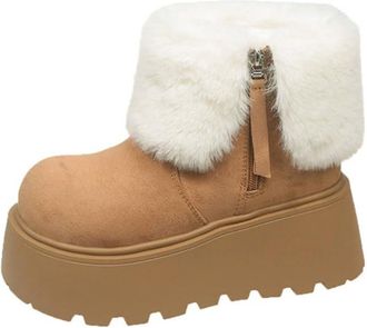 Generic Women Winter Plush Versatile Snow Boots Small and Thick with Sponge Cake Botto Increased Height and Anti Cold Short Boots (yellow,6.5)