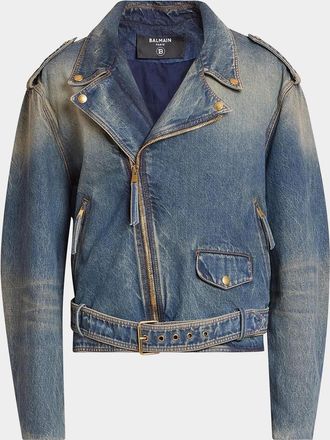 Balmain Men & apos;s Belted Denim Biker Jacket