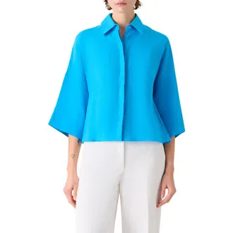 Akris Crop Washed Linen Shirt in Turquoise at Nordstrom, Size 10
