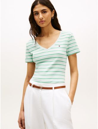 Tommy Hilfiger Womens Stripe V-Neck Favorite T-Shirt - Green - XXL