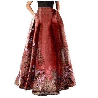 Generic Womens Bohemian Floral Print Maxi Skirt High Waist Pocket Party Beach Long Skirt Velvet Dress Ladies Black, red, L