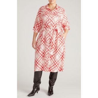 Universal Standard Cooling Long Sleeve Stretch Cupro Blend Shirtdress in Red Check Print at Nordstrom, Size 2Xl
