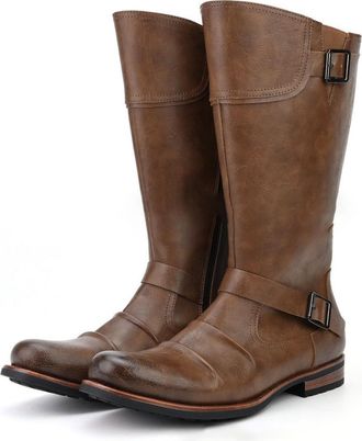Generic Mens PU Leather Knight Boots with Side Zipper Low Block Heel Long Boots Round Toe Knee High Boot with Buckle,Brown,8.5 UK