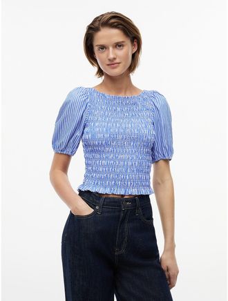 Tommy Hilfiger Womens Tommy Jeans Puff-Sleeve Shirred Top - Noble Blue Stripe - XS