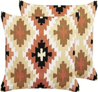 Beliani Conjunto De 2 Cojines De Algod&oacute;n Beige Marr&oacute;n Negro Blanco 50 X 50 Cm Serampore