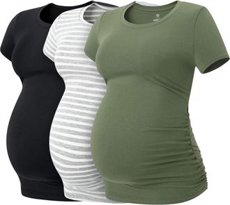 Lapasa Womens Maternity Tops, Soft Modal Cotton Pregnancy Tshirts, Side Ruched Crew Neck Short Sleeve Tees L55, Multicolor 3, XL