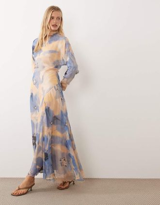 Asos Vestito lungo accollato blu a fiori con vita asimmetrica-Multi