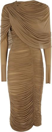 Magda Butrym Beige Gedrapeerde Hoge Hals Jurk - Dames - Feestkleedjes - Bruin - 2XS - Kleedjes