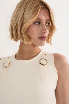 Karen Millen Womens Buckle Trim Knitted Top - White Viscose - Size X-Small