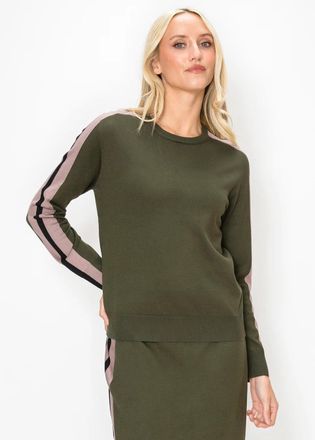 YAL New York Olive Sweater with Rose and Black Stripe
