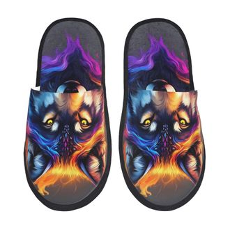 Generic Slippers Colorful Wolf Head Cozy Fleece Slippers Reusable House Shoes For Home Bedroom Ladies M