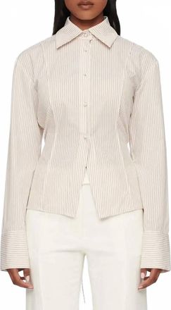 Clea Herman Striped Fitted Button-Front Shirt In Oat Stripe