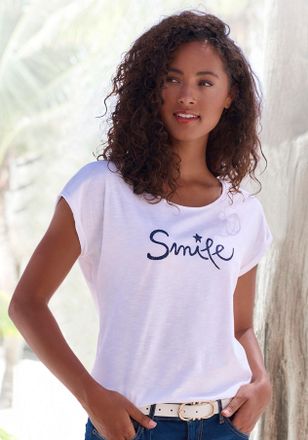 Beach Time T-Shirt BEACHTIME mit Frontdruck Smile, Damen, Gr. 32/34, weiss (wei&szlig;), Obermaterial: 100% Baumwolle, bedruckt, bequem normal, Rundhals, mit Aufschlag
