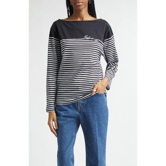 Balmain Paris Logo Marini&egrave;re Stripe Cotton T-Shirt in Eab Blk/White at Nordstrom, Size X-Large
