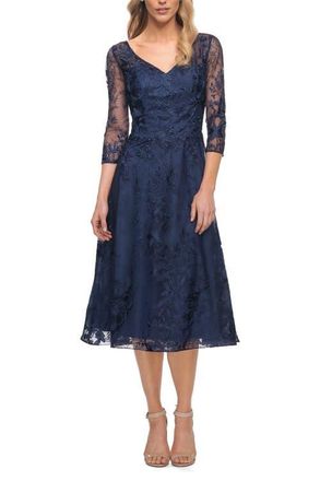 La Femme Stylish Tea Length Mother of the Bride Dress with Sleeves in Navy at Nordstrom, Size 16