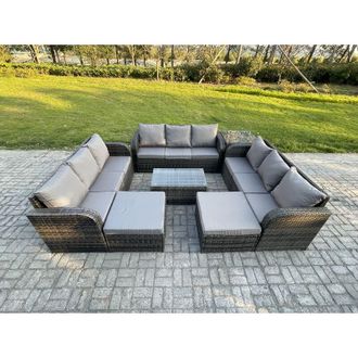 Fimous Outdoor Garden Furniture Sets 11 Seater Wicker Rattan Furniture Sofa Sets with Rectangular Coffee Table 3 Seater Sofa Side Table 2 Big Footstool Dark