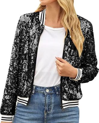 Generic Sequin Jacket Womens Long Sleeve Glitter Sequins Party Club Open Blazer Jacket Womens Sequins Stripes Long Sleeve Fashion Coat Womens Bolero Festive E