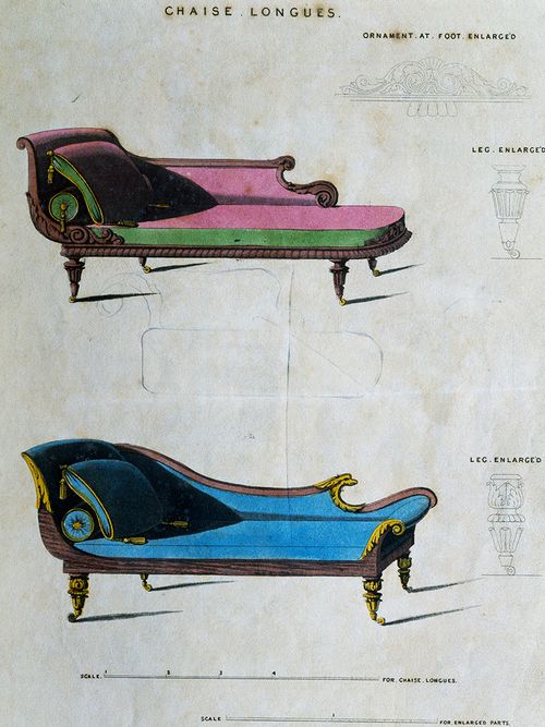 Eine Zeichnung von zwei Chaiselongues in rosa und blau.