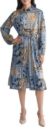 Jones New York Print Tie Waist Long Sleeve Shirtdress in Blue Lagoon Multi at Nordstrom, Size Small