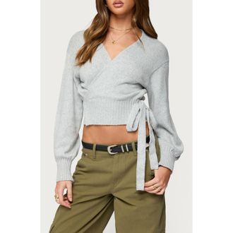 Edikted Stella Crop Faux-Wrap Sweater in Gray-Melange at Nordstrom, Size X-Small