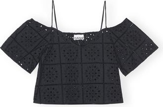 Ganni Black Broderie Anglaise Top - Size 10/12 Organic Cotton