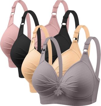 Generic Anti Sagging Bras for Older Women 4 Pack Bra Wireless Full Coverage Lace Bralette Adjustable Straps Soft Bras for Women UK Push Up Comfort Bralette La
