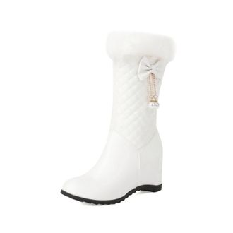 Generic Womens Mid-Calf Boots Faux Fur Trim Bow Pearl Pendant Quilted PU Leather Wedge Heel Round Toe Side Zip Elegant Durable Design,White,5.5 UK