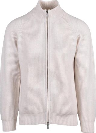 Eleventy White Ribbed High Collar Cashmere Zip Cardigan