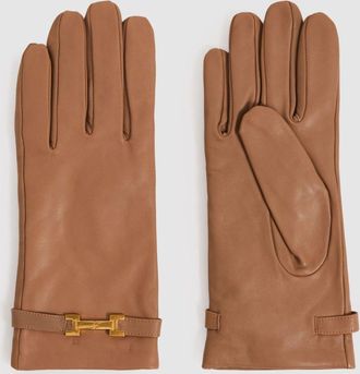 Reiss Harriet Gloves Leather Embellished, Camel Size: M & L