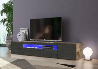 Dmora Dmora - Mueble Para Tv Para Sala De Estar, Made In Italy, Mueble Para Tv Con 3 Puertas Y Estantes, Cm 200x40h37, Color Arce Y Pizarra, Con Luz Led Azu