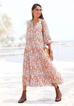 Lascana Maxikleid LASCANA, Damen, Gr. 34, N-Gr, bunt (bunt bedruckt), Web, Obermaterial: 100% Viskose, bedruckt, figurumspielend lang, V-Ausschnitt, mit Gummi