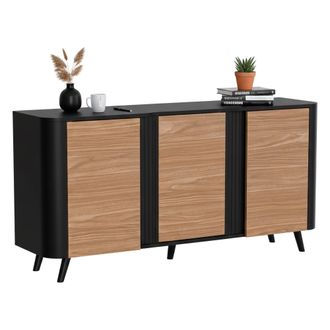 Dmora Aparador Loreo, Aparador De Sal&oacute;n Con Tres Puertas Batientes Y Compartimentos Interiores, Elevado Del Suelo, 151x42 H70 Cm, Negro Y Nogal