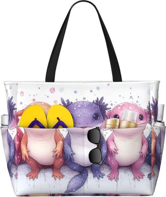 Generic Cute Axolotl Print Large Beach Bag Foldable Travel Shoulder Tote Bag With Pocket For Weekender Pool Vacation