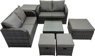 Fimous Rattan Garden Outdoor Furniture Set Love Sofa Square Coffee Table Set with Side Table 3 Stools Dark Grey Mixed - Fimous