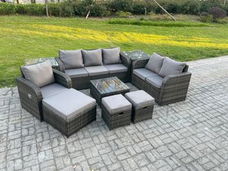 Fimous Rattan Garden Furniture 9 Piece Patio Set With Table Sofa Square Coffee Table Reclining Chair Side 3 Seater Sofa 3 Footstools in Dark Grey