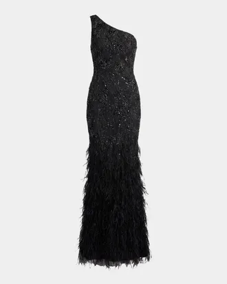 Mac Duggal Embellished Lace One-Shoulder Feather Gown