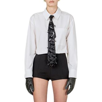 endless rose Detachable Sequin Tie Button-Up Shirt in White at Nordstrom, Size X-Small