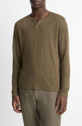 Vince Notch Neck Long Sleeve Slub Linen T-Shirt in Olive Leaf at Nordstrom Rack, Size X-Small