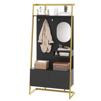 STILVORA Armario Compacto Moderno Y Minimalista, Armario De Almacenamiento Multifuncional Abierto Con Espejo, Ganchos Met&aacute;licos, Perchero Con Banco Para Zapato