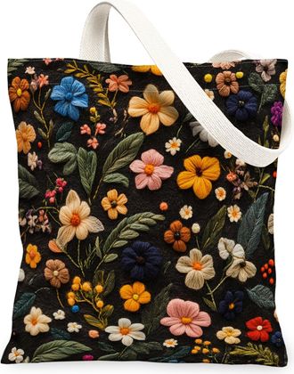 Generic Spring Freesias Flower Canvas Tote Bag for Shopping 13x15, Knitting Theme Florals Reusable Grocery Print Pattern Bag for Women, Fun Vintage Beach Aest
