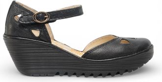 FLY London Fly London Womens Yuna Black Leather Wedge Sandals