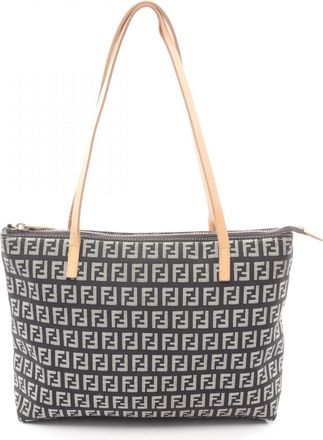 Fendi Beige Black Canvas Leather Handbag Tote Bag (Pre-Owned)