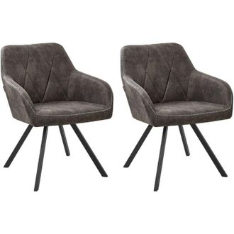 Beliani Conjunto De 2 Sillas De Comedor De Tela Gris Con Reposabrazos Respaldo Acolchado Patas Met&aacute;licas Negras Retro Monee