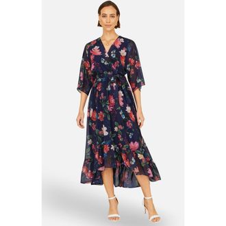 Yumi Floral Dip Hem Wrap Midi Dress in Navy at Nordstrom, Size 14